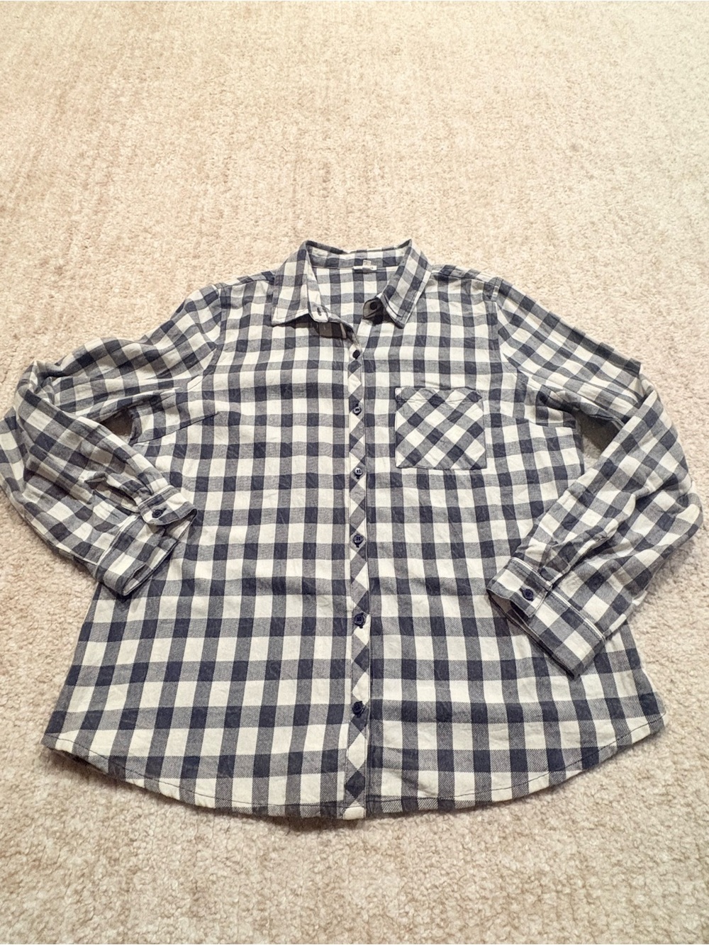 En Crème Women’s M Blue/Cream Plaid Long Sleeve Flannel Button-Up Pockets